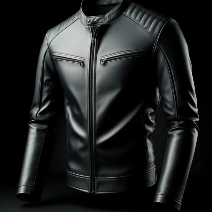 Sleek black racer leather jacket with a stand-up collar