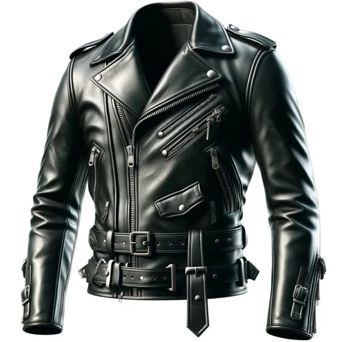 Black biker leather jacket with asymmetrical zippers and a belted waist