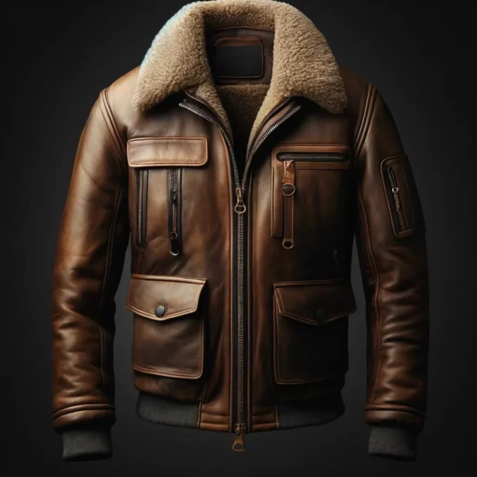 Durable leather flight jacket with shearling lining and zippered pockets